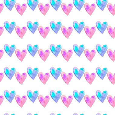 Suluboya kalpli kusursuz bir desen. Romantik aşk elinin arka plan dokusu. Kutlama kartları, ambalaj kağıtları, düğün, doğum günü, kumaş, tekstil, sevgililer günü, anneler günü, paskalya.