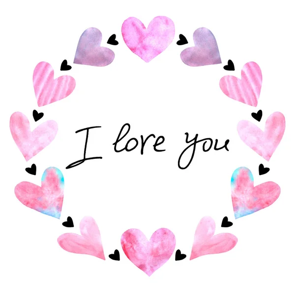 Kocham Cię Kocham Cię Rama Różowych Akwarelowych Serc Szablon Tła — Zdjęcie stockowe
