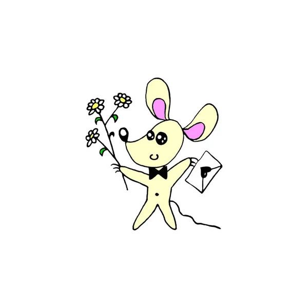 Простая Симпатичная Контурная Цветная Мышь Любовным Письмом Букетом Цветов Дудл — стоковое фото