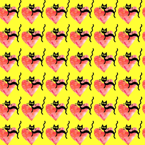 Roztomilý Bezproblémový Vzor Srdcem Kočkami Romantická Textura Pozadí Balicí Papír — Stock fotografie