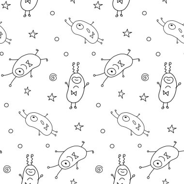 Çizgili sevimli canavarlar, uzaylılar ve uzay karalamaları olan kusursuz çocuksu bir model. Kumaş, ambalaj, duvar kağıdı, tekstil, giysi, kapak, boyama kitabı için arka plan ve doku.