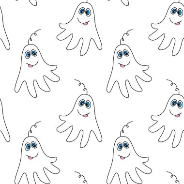 Şirin hayaletlerle vektör rengi kusursuz çocuksu desen. Cadılar Bayramı için bebek arkaplan ve dokusu, kumaş, ambalaj, duvar kağıdı, tekstil, giysi, örtü.