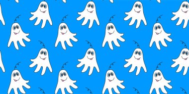 Şirin hayaletlerle vektör rengi kusursuz çocuksu desen. Cadılar Bayramı için bebek arkaplan ve dokusu, kumaş, ambalaj, duvar kağıdı, tekstil, giysi, örtü.