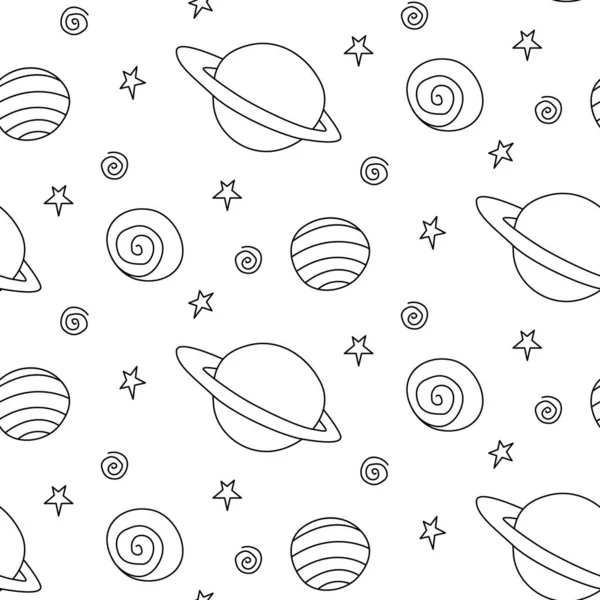 Baby seamless pattern. Cartoon planets and stars in space. Vector Cosmic background and texture. For kids design, fabric, wrapping paper, coloring book, textile, apparel.