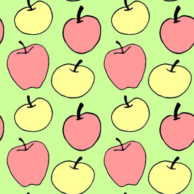 Kırmızı pembe elmalar kusursuz vektör renk deseni. Yaz sonbahar arkaplanı. Okula dönmek için mükemmel, elma toplama, yiyecek paketleme, mutfak tekstili..