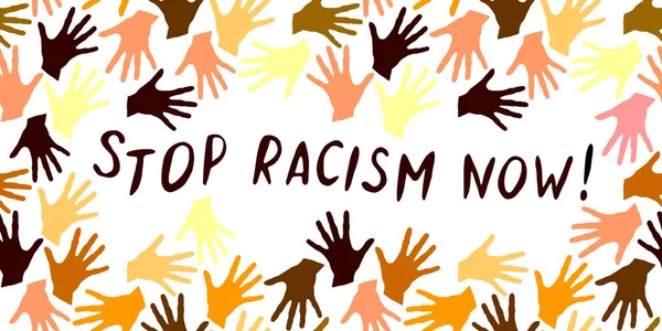 Stop Racisme Vector Inscriptie Geschreven Handschrift Frame Van Palmafdrukken Landen — Stockvector