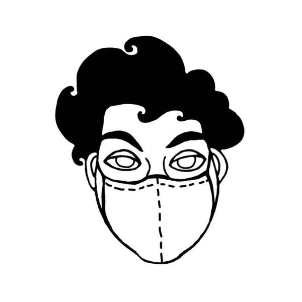 Člověk Lékařské Masce Chrání Před Infekcí Virem Ručně Kreslený Černý — Stock fotografie