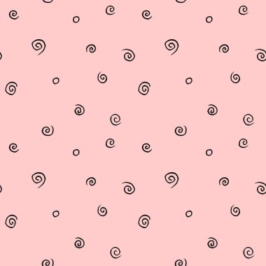 Basit elementlerin kusursuz desen dokusu pembe arkaplanda sarmal sarmallar oluşturur. Tebrik kartları, ambalaj kağıdı, doğum günü, kumaş, tekstil, web.