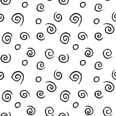 Basit elementlerin kusursuz desen dokusu beyaz arkaplanda sarmal sarmallar oluşturur. Tebrik kartları, ambalaj kağıdı, doğum günü, kumaş, tekstil, web.