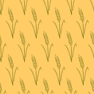 Buğday dikenleri, vektör dikişsiz desen. Çizim tarzında ana hatlar çizilmiş. Sonbahar arkaplanı ve dokusu. Kumaş tasarımı, ambalaj kağıdı, fırın ürünleri, un, hasat teması üzerine ambalaj.