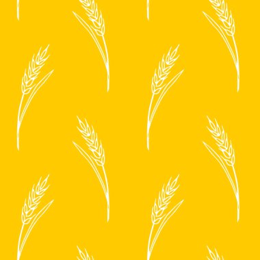 Buğday dikenleri, vektör dikişsiz desen. Çizim tarzında ana hatlar çizilmiş. Sonbahar arkaplanı ve dokusu. Kumaş tasarımı, ambalaj kağıdı, fırın ürünleri, un, hasat teması üzerine ambalaj.