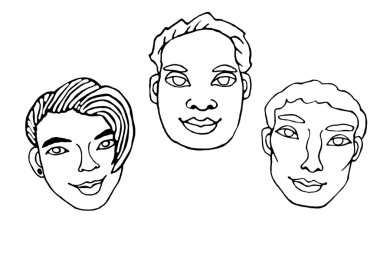 Taslak insan yüzleri. Beyaz bir arka planda izole edilmiş bir erkek, kadın, çocuk, oğlan ya da kız kafası çizilmiş. Farklı ve güzel..