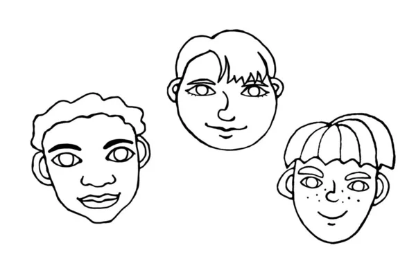 一组轮廓人物的脸 手绘的男人 男孩或女孩的头像 呈涂鸦的风格 与白色背景隔离 与众不同又漂亮 — 图库照片