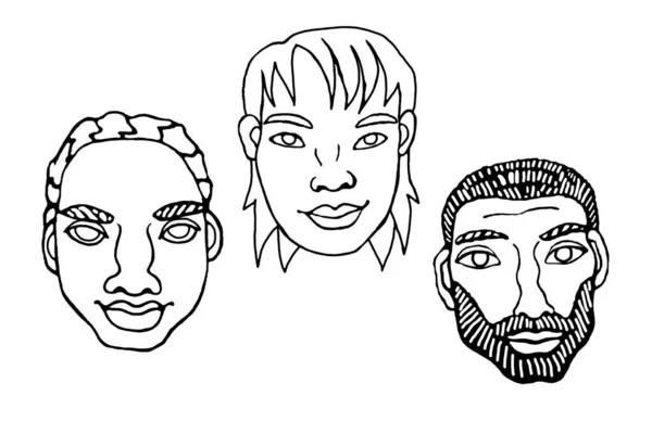 Sada Obrysových Tváří Lidí Ručně Kreslené Hlavy Muže Ženy Dítěte — Stock fotografie