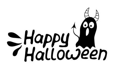 Mutlu Cadılar Bayramı - vektör harfleri. Parti davetiyesi, tebrik kartı, afiş için siluetler ve Ghost 'un olduğu bir resim. Tatil kaligrafi posteri, rozet şablonu.