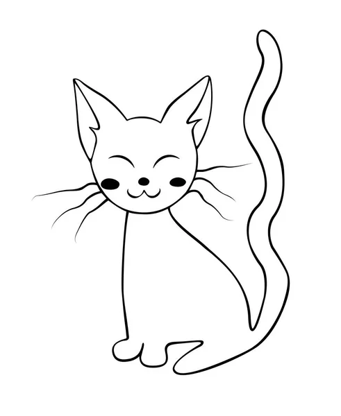 Beyaz arka planda izole edilmiş şirin bir kedinin kontur çizimi. Evcil hayvan gülümsemesi bıyıklı ve kuyruklu Doodle tarzı.