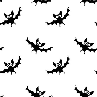 Uçan yarasaların pürüzsüz desenleri. Şirin Ürkütücü vektör çizimi. Cadılar Bayramı arkaplan ve dokuları düz gotik çizgi film tarzında. Gökyüzündeki siyah siluetler.