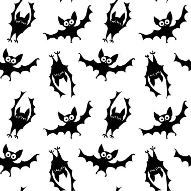 Uçan yarasaların pürüzsüz desenleri. Şirin Ürkütücü vektör çizimi. Cadılar Bayramı arkaplan ve dokuları düz gotik çizgi film tarzında. Gökyüzündeki siyah siluetler.