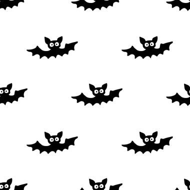 Uçan yarasaların pürüzsüz desenleri. Şirin Ürkütücü vektör çizimi. Cadılar Bayramı arkaplan ve dokuları düz gotik çizgi film tarzında. Gökyüzündeki siyah siluetler.