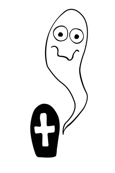 Cute Kawaii Creepy Ghost Grave Vector Simple Outline Illustration Doodle — Stock Vector