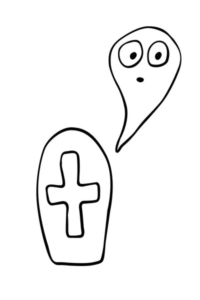 Cute Kawaii Creepy Ghost Grave Vector Simple Outline Illustration Doodle — Stock Vector