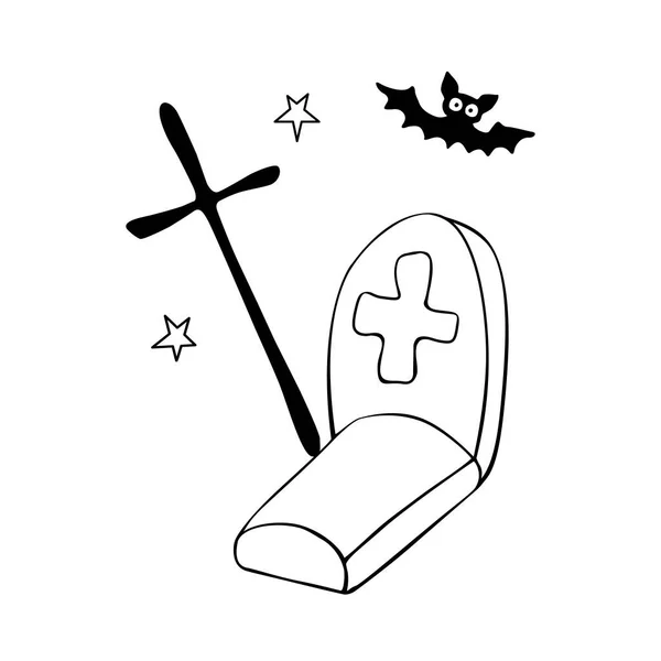 墓园中的墓碑 涂鸦风格的矢量装饰元素 白色背景上孤立的黑色轮廓 万圣节与死亡的主题 — 图库矢量图片