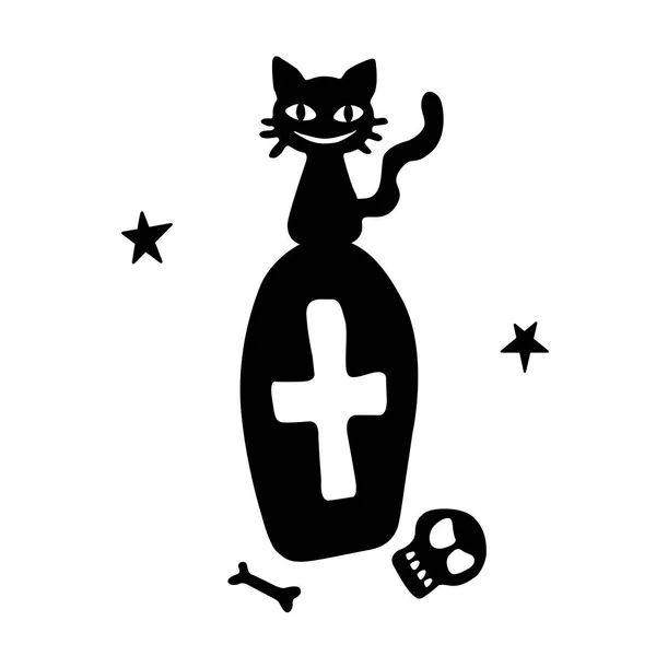 Graf Een Kerkhof Grafsteen Met Een Glimlachende Zwarte Kat Erop — Stockvector