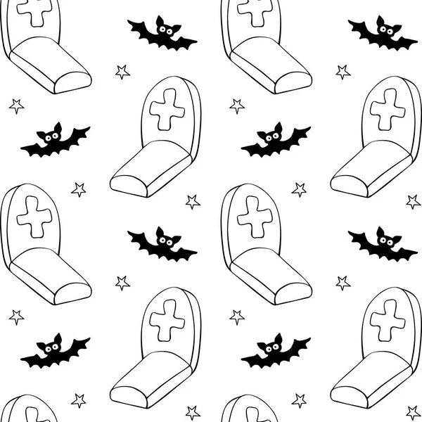 Mutlu Cadılar Bayramı. Graves, Tombstone, haçlar ve yarasaların kusursuz desenleri. Gece mezarlıkta, izole bir şekilde. Vektör tatil geçmişi ve dokuları.