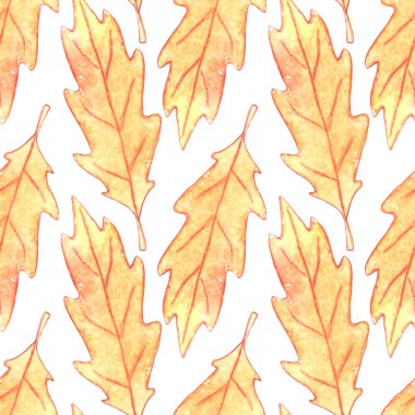 Kahverengi meşe yapraklarının kusursuz deseni. Mevsimsel tasarım, ambalaj, tekstil, kumaş, şükran günü teması ve mutlu sonbahar için sonbahar manzarası ve dokuları.