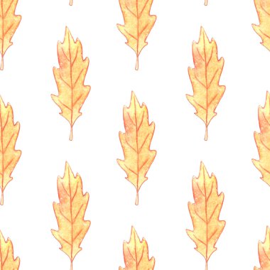Kahverengi meşe yapraklarının kusursuz deseni. Mevsimsel tasarım, ambalaj, tekstil, kumaş, şükran günü teması ve mutlu sonbahar için sonbahar manzarası ve dokuları.