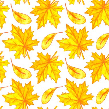 Suluboya sonbaharı pürüzsüz bir desen bırakır. Renkli sonbahar arkaplanı ve sezonluk tasarım, ambalaj, ev dokuması, kumaş, şükran günü teması ve mutlu sonbahar.