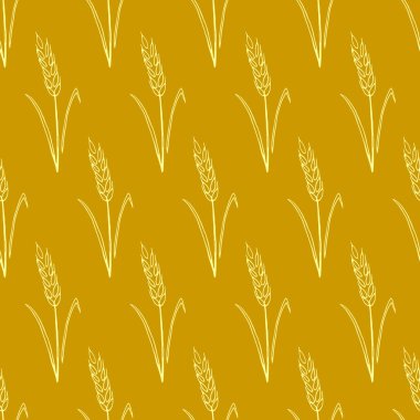 Buğday dikenleri, vektör dikişsiz desen. Çizim tarzında ana hatlar çizilmiş. Sonbahar arkaplanı ve dokusu. Kumaş tasarımı, ambalaj kağıdı, fırın ürünleri, un, hasat teması üzerine ambalaj.