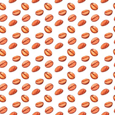 Kahve çekirdekleriyle kusursuz desen. Kafe, bistro, restoran, bar menü kartı için suluboya resimleme. Gıda ve içecek soyut doku tasarımı.