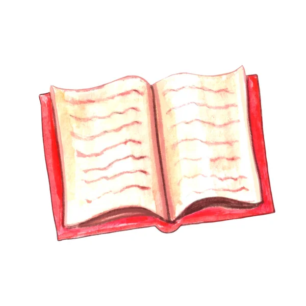 Kézzel Rajzolt Akvarell Illusztráció Egy Nyitott Könyv Piros Borító Régi — Stock Fotó