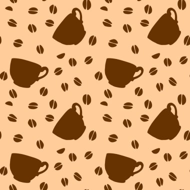Fincanlar ve kahve taneleriyle kusursuz desen. El yapımı basit mutfak malzemeleri. Beyaz arkaplanda vektör çizimleri. Paketleme, ev dekorasyonu, mutfak tekstili, menü, kafe için mükemmel..