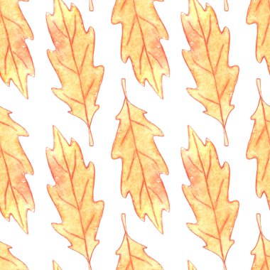 Kahverengi meşe yapraklarının kusursuz deseni. Mevsimsel tasarım, ambalaj, tekstil, kumaş, şükran günü teması ve mutlu sonbahar için sonbahar manzarası ve dokuları.