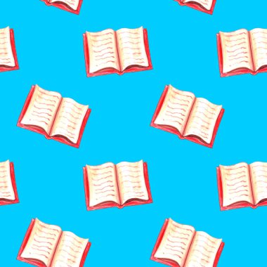 Açık suluboya kitaplarının kusursuz deseni. El yapımı arka plan ve dokular. Okul çocukları, öğrenciler ve yazarlar için. Okuma, öğrenim, bilgi ve bilim konuları, kütüphaneler.