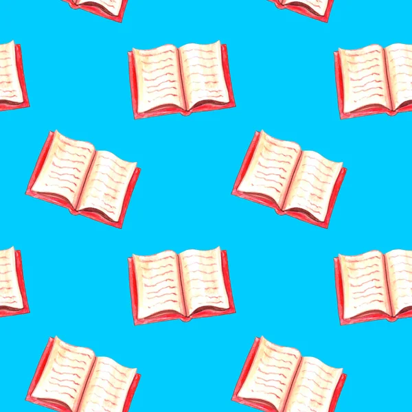 Açık suluboya kitaplarının kusursuz deseni. El yapımı arka plan ve dokular. Okul çocukları, öğrenciler ve yazarlar için. Okuma, öğrenim, bilgi ve bilim konuları, kütüphaneler.