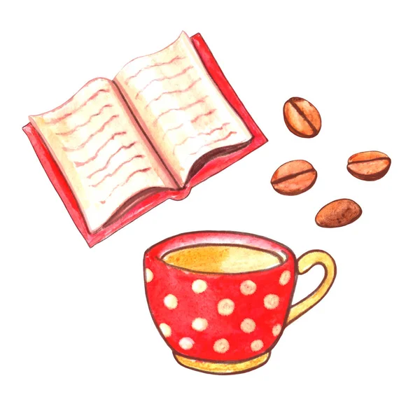 Suluboya açık kitap, kırmızı puantiyeli bardak ve kahve çekirdekleri. Sonbahar ve kış akşamlarında konfor için elle çizilmiş tasarım elementleri.