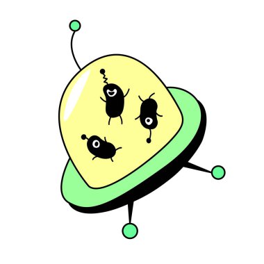 UFO 'nun simgesi. Beyaz arka planda karikatür tarzında şirin komik uzaylılar olan yeşil uçan daire. Web sitesi ya da mobil uygulama için basit düz vektör resimlemesi.