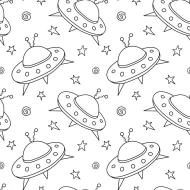 Uçan daireler ve UFO 'larla kusursuz çocuksu bir model. Kumaş, ambalaj, duvar kağıdı, tekstil, giysi, kapak, boyama kitabı için vektör arkaplan ve dokusu.