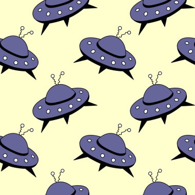 Uçan dairelerde kusursuz desen, UFO. Kumaş, ambalaj, duvar kağıdı, tekstil, giysi, örtü için vektör arkaplan ve doku.