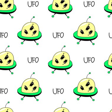 Uçan dairelerle, UFO 'larla, sevimli uzaylılarla kusursuz çocuksu bir düzen. Kumaş, ambalaj, duvar kağıdı, tekstil, giysi, örtü için vektör arkaplan ve doku.
