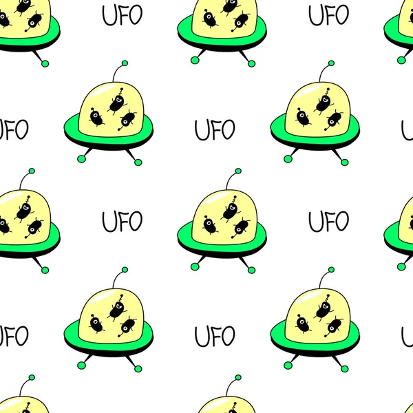 Nahtloses Kindliches Muster Mit Fliegenden Untertassen Ufo Niedlichen Aliens Vektor — Stockvektor