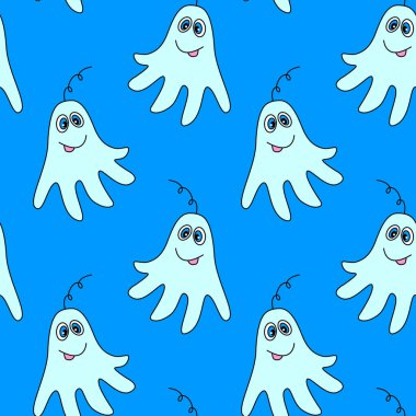 Şirin hayaletlerle vektör rengi kusursuz çocuksu desen. Cadılar Bayramı için bebek arkaplan ve dokusu, kumaş, ambalaj, duvar kağıdı, tekstil, giysi, örtü.