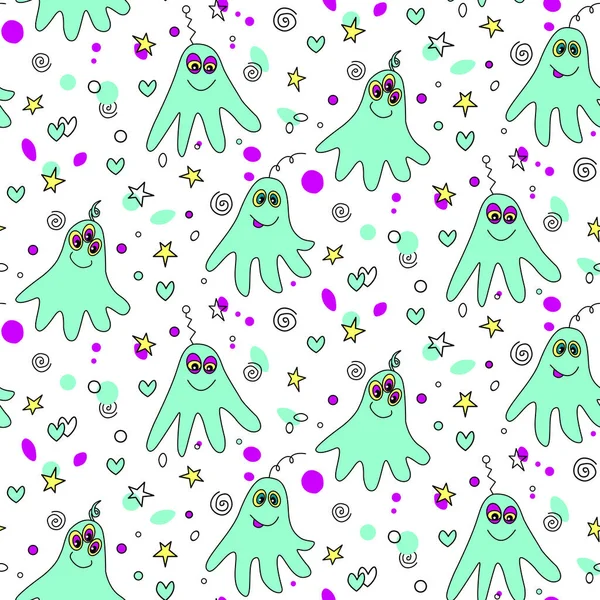 Şirin yaratıklarla ve uzay karalamalarıyla renklendirilmiş kusursuz çocuksu bir şekil. Kumaş, ambalaj, duvar kağıdı, tekstil, giysi, örtü için arka plan ve doku.