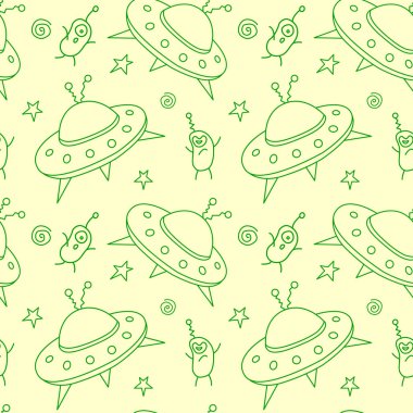 Uçan dairelerle, UFO 'larla, sevimli uzaylılarla kusursuz çocuksu bir düzen. Kumaş, ambalaj, duvar kağıdı, tekstil, giysi, kapak, boyama kitabı için vektör arkaplan ve dokusu.