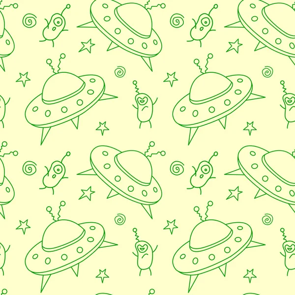 Uçan dairelerle, UFO 'larla, sevimli uzaylılarla kusursuz çocuksu bir düzen. Kumaş, ambalaj, duvar kağıdı, tekstil, giysi, kapak, boyama kitabı için vektör arkaplan ve dokusu.