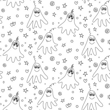 Tatlı yaratıklarla, uzaylılarla ve uzay karalamalarıyla kusursuz çocuksu kalıplar. Kumaş, ambalaj, duvar kağıdı, tekstil, giysi, kapak, boyama kitabı için arka plan ve doku.