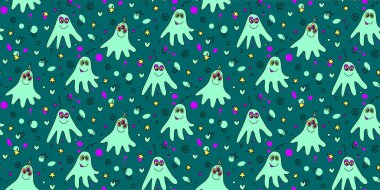 Tatlı yaratıklarla, uzaylılarla ve uzay karalamalarıyla kusursuz çocuksu desenler. Bebek arka planı kumaş, ambalaj, duvar kağıdı, tekstil, giysi, örtü için mükemmel..